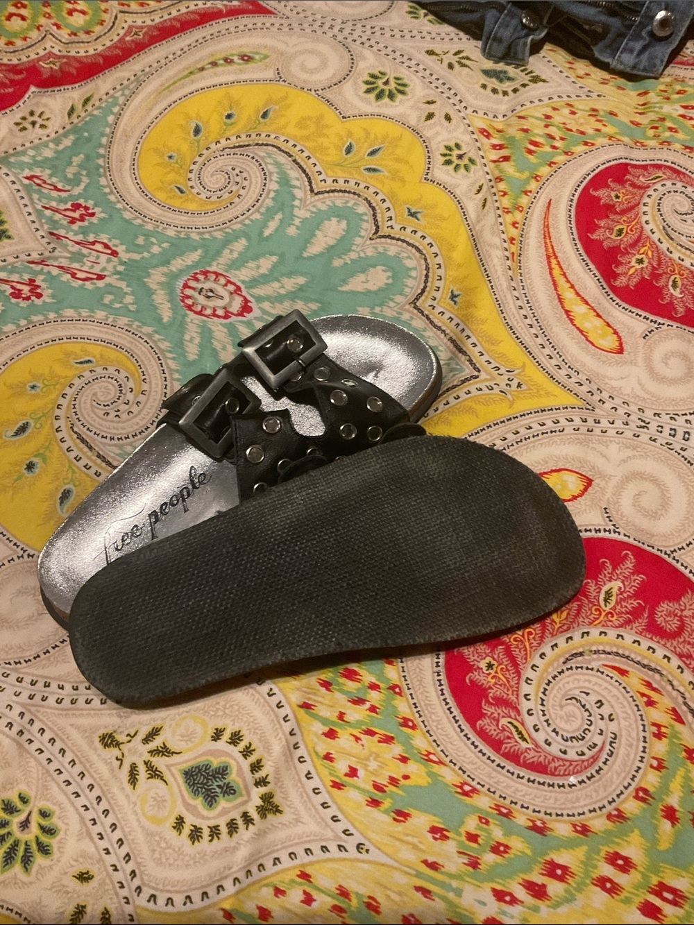 Free People Black Studded Dual-Buckle Slide Sandals with Silver Footbed - Picture 2 of 2